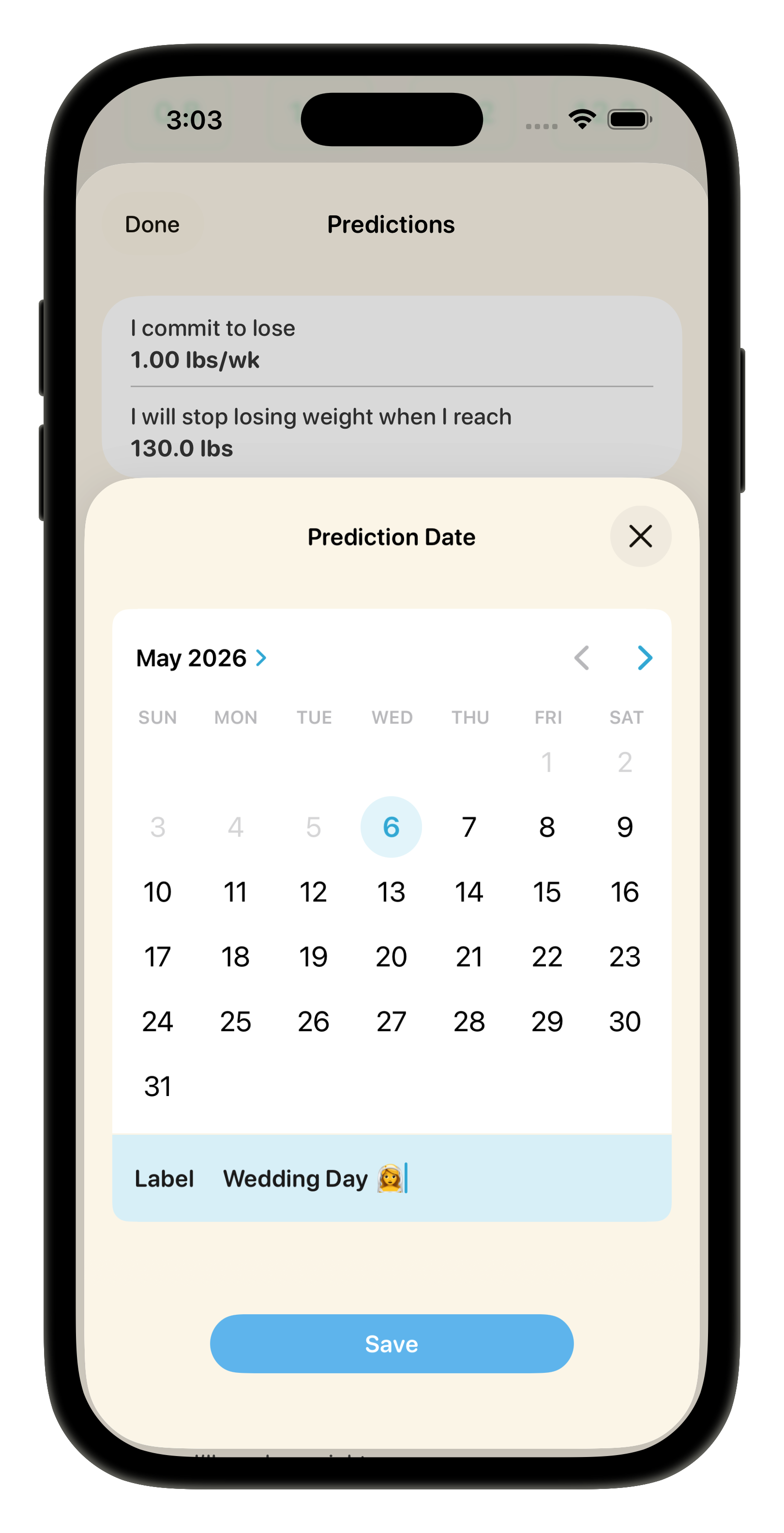 Prediction Date sheet with a Label field set to 'Wedding Day'