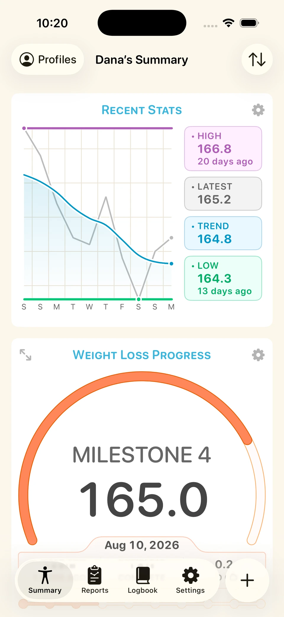 Happy Scale summary screen with flat, square cards sitting beneath rounded Liquid Glass navigation buttons