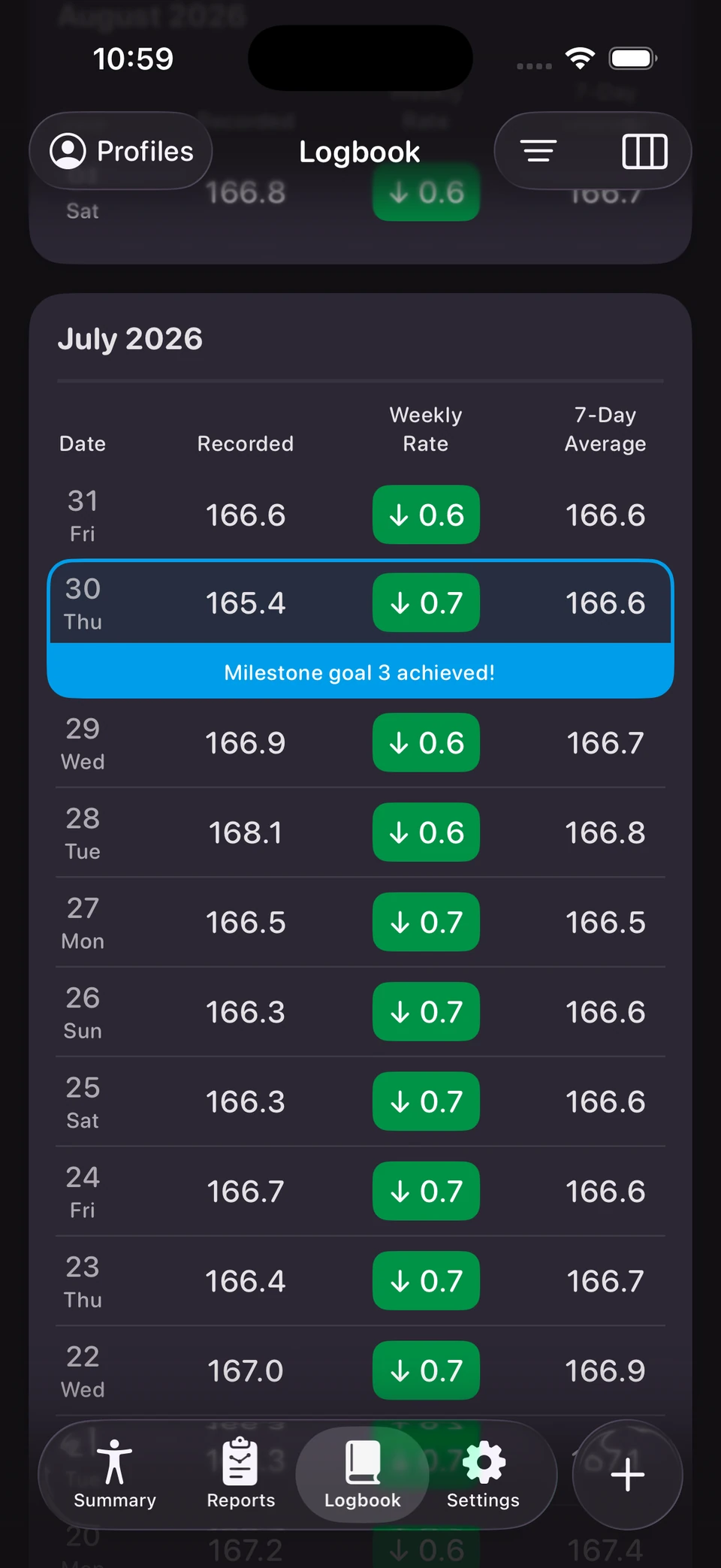 The Logbook screen with colors that better fit the surrounding theme