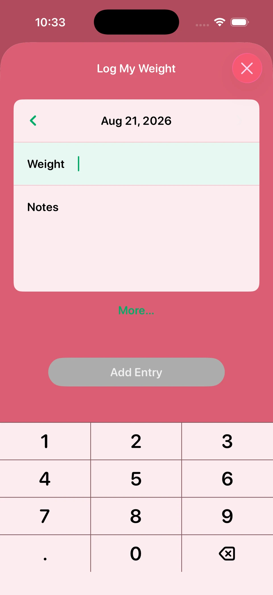 A modal screen using bright pink as its background, with a 'More' button that is nearly illegible against it