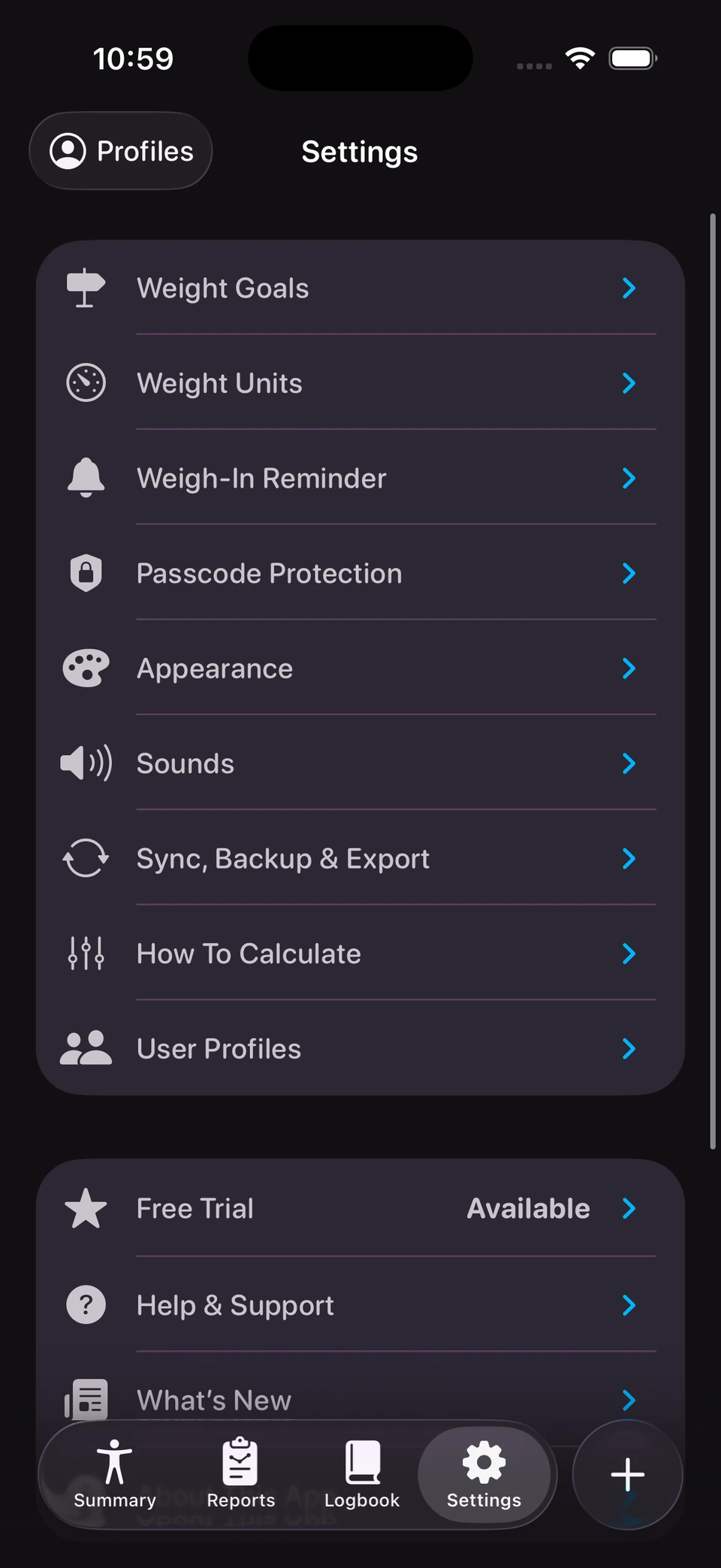 A settings screen in a dark purple theme, with restrained color